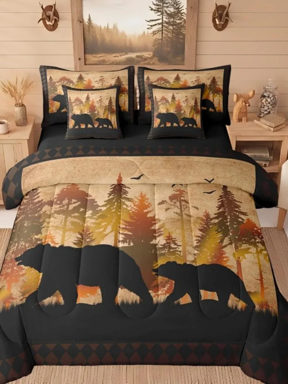 Bear Comforter Set Queen 7 Piece Bed In A Bag, Boys Cabin Lodge Decor Bedding Se